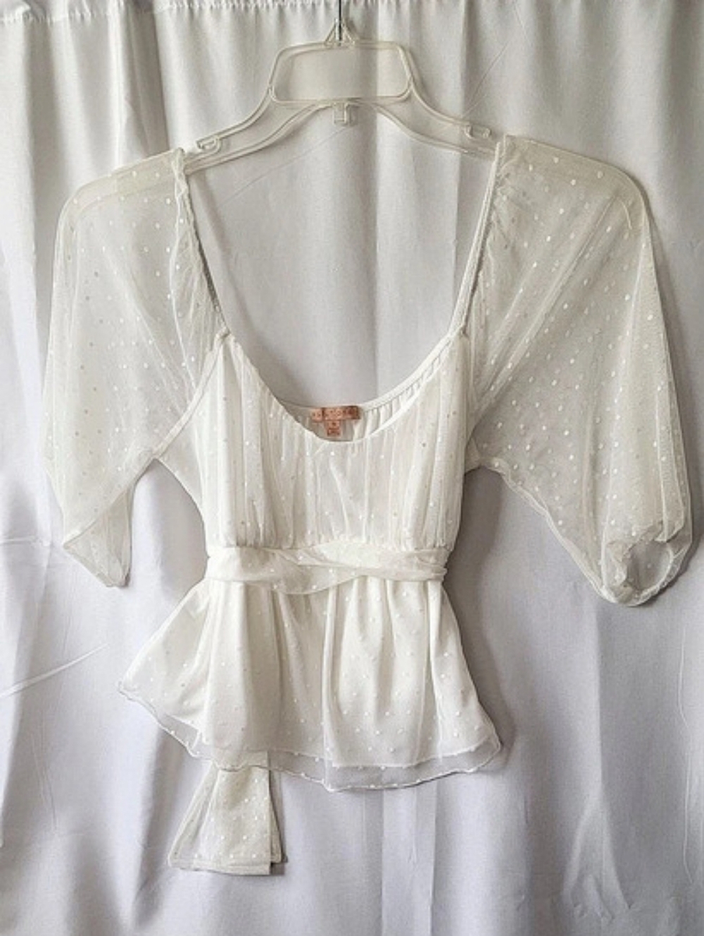 White Polka Dot Feminine Romantic Peplum Blouse in Size Medium
